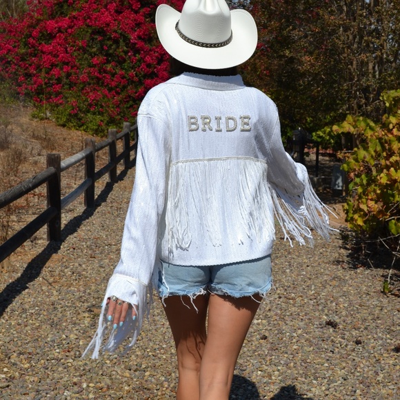 White Sequin Bride Jacket, Bride Bachelorette Bridal Shower Engagement Gift - Picture 7 of 9